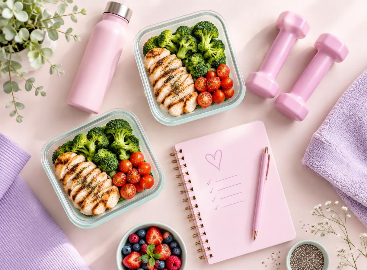 Marmitas saudáveis, halteres rosa e caderno de planejamento em tons pastéis